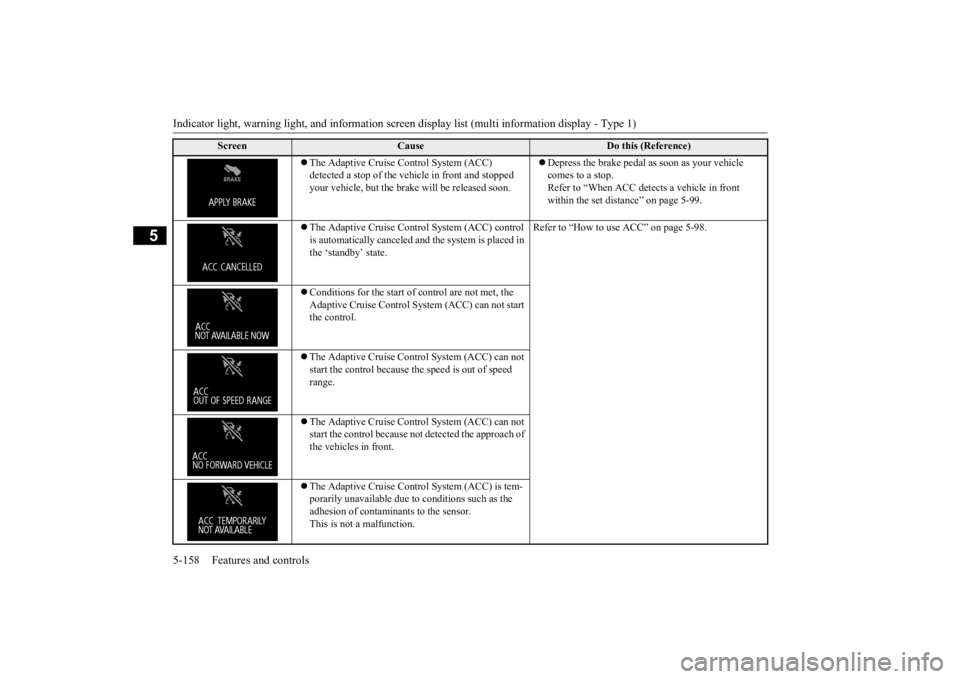 MITSUBISHI OUTLANDER III 2015  Owners Manual Indicator light, warning light, and information screen display list (multi information display - Type 1) 5-158 Features and controls
5
 The Adaptive Cruise Control System (ACC)  detected a stop of 