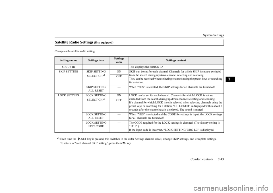 MITSUBISHI OUTLANDER III 2015  Owners Manual System Settings 
Comfort controls 7-43
7
Change each satel 
lite radio setting.
Satellite Radio Settings
 (if so equipped)
Settings name
Settings item
Settings  value
Settings content 
SIRIUS ID — 