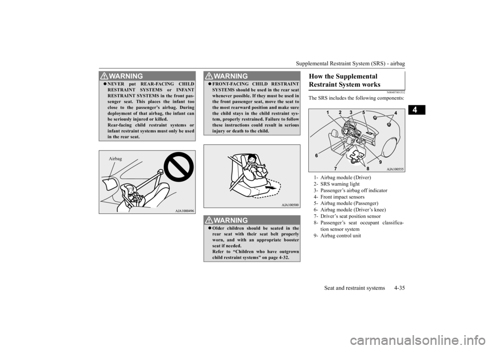 MITSUBISHI OUTLANDER III 2015  Owners Manual Supplemental Restraint System (SRS) - airbag 
Seat and restraint systems 4-35
4
N00407801532
The SRS includes the following components:
WA R N I N G NEVER put REAR-FACING CHILD RESTRAINT SYSTEMS or