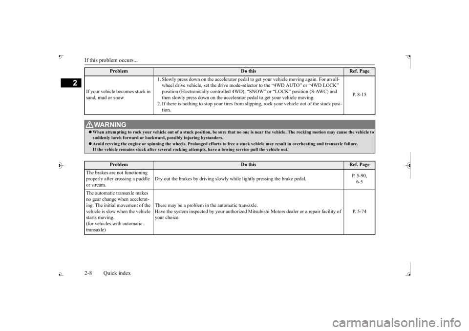 MITSUBISHI OUTLANDER III 2017  Owners Manual If this problem occurs... 2-8 Quick index
2
If your vehicle becomes stuck in  sand, mud or snow 
1. Slowly press down on the accelerator pedal to 
 get your vehicle moving again. For an all- 
wheel dr