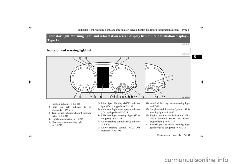 MITSUBISHI OUTLANDER III 2017  Owners Manual Indicator light, warning light, and information screen display list (multi information display - Type 1) 
Features and controls 5-191
5
N00557701074 N00557801349
Indicator light, warning light, and in