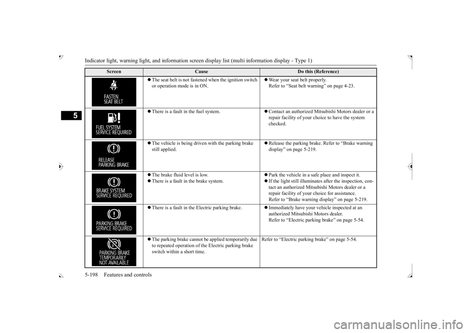 MITSUBISHI OUTLANDER III 2017  Owners Manual Indicator light, warning light, and information screen display list (multi information display - Type 1)
5
 The seat belt is not fasten
ed when the ignition switch  
or operation mode is in ON. 
