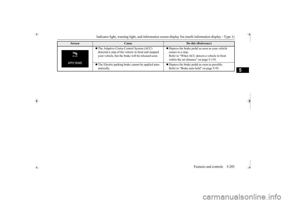 MITSUBISHI OUTLANDER III 2017  Owners Manual Indicator light, warning light, and information screen display list (multi information display - Type 1) 
Features and controls 5-203
5
 The Adaptive Cruise Control System (ACC)  detected a stop of
