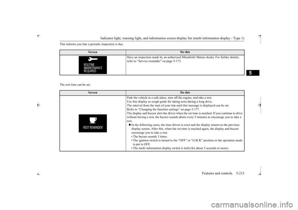 MITSUBISHI OUTLANDER III 2017  Owners Manual Indicator light, warning light, and information screen display list (multi information display - Type 1) 
Features and controls 5-213
5
This informs you that a periodic inspection is due. The rest tim