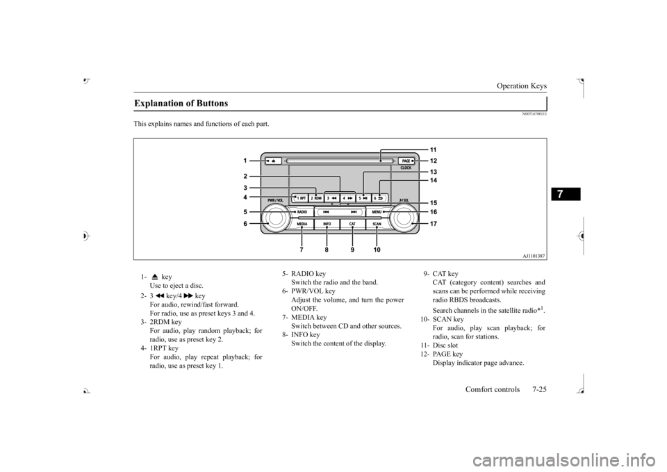 MITSUBISHI OUTLANDER III 2017  Owners Manual Operation Keys 
Comfort controls 7-25
7
N00716700113
This explains names and  
functions of each part.
Explanation of Buttons 1-  key 
Use to eject a disc. 
2- 3   key/4   key 
For audio, rewind/fast 