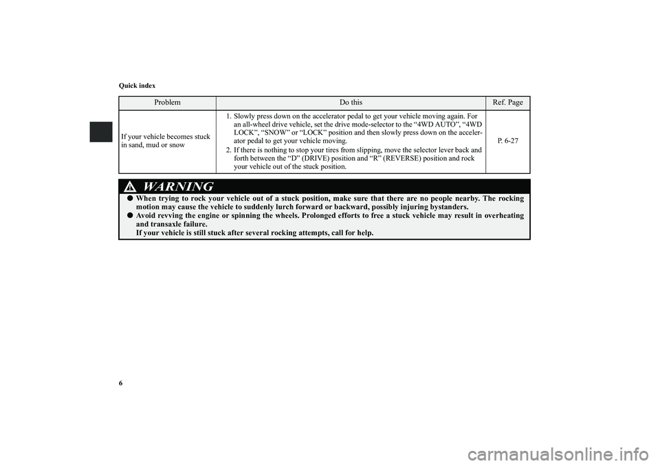 MITSUBISHI OUTLANDER XL 2011  Owners Manual 6 Quick indexIf your vehicle becomes stuck 
in sand, mud or snow1. Slowly press down on the accelerator pedal to get your vehicle moving again. For 
an all-wheel drive vehicle, set the drive mode-sele