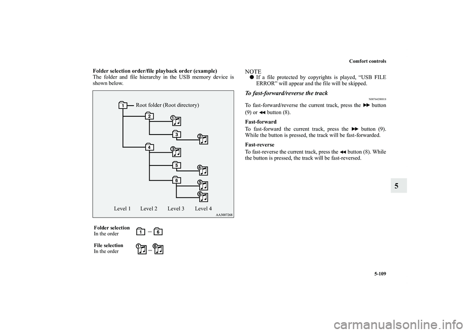 MITSUBISHI OUTLANDER XL 2011  Owners Manual Comfort controls
5-109
5
Folder selection order/file playback order (example)
The folder and file hierarchy in the USB memory device is
shown below.
NOTEIf a file protected by copyrights is played, �