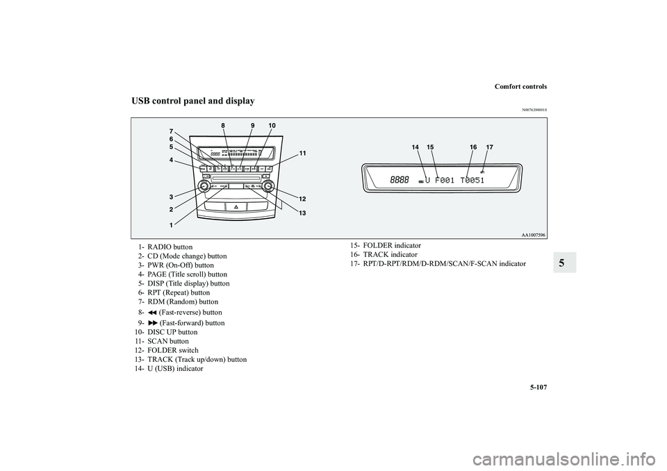MITSUBISHI OUTLANDER XL 2010  Owners Manual Comfort controls
5-107
5
USB control panel and display
N00763900018
1- RADIO button
2- CD (Mode change) button
3- PWR (On-Off) button
4- PAGE (Title scroll) button
5- DISP (Title display) button
6- RP
