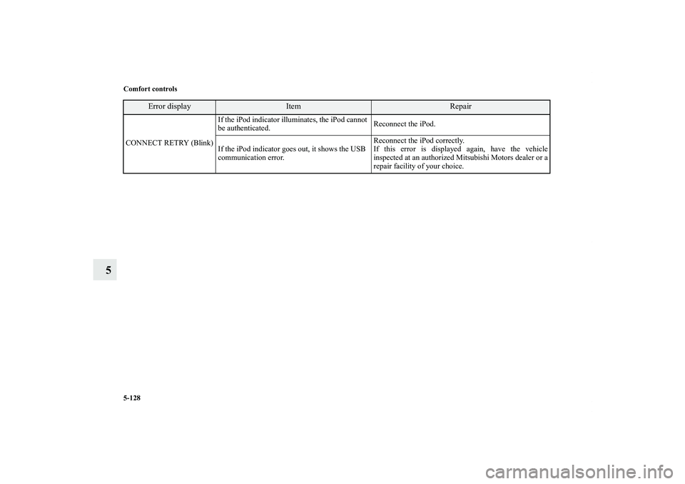 MITSUBISHI OUTLANDER XL 2012  Owners Manual 5-128 Comfort controls
5
CONNECT RETRY (Blink)If the iPod indicator illuminates, the iPod cannot 
be authenticated.Reconnect the iPod. 
If the iPod indicator goes out, it shows the USB 
communication 