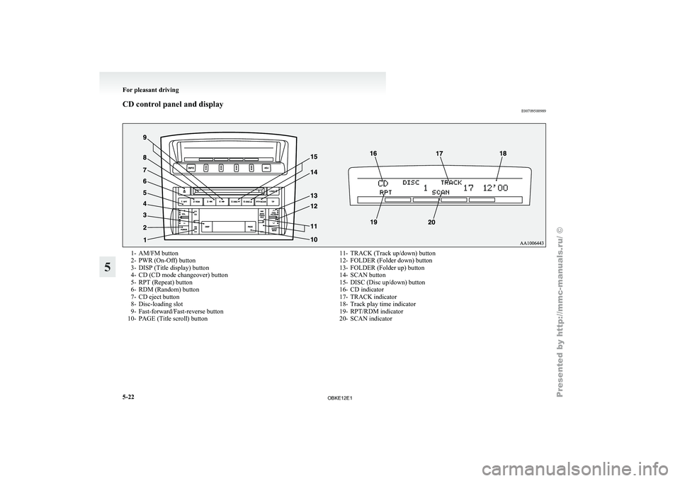 MITSUBISHI PAJERO IV 2011  Owners Manual CD control panel and display
E007095009891- AM/FM button
2- PWR (On-Off) button
3-
DISP (Title display) button
4-
CD (CD mode changeover) button
5- RPT (Repeat) button
6- RDM (Random) button
7- CD eje