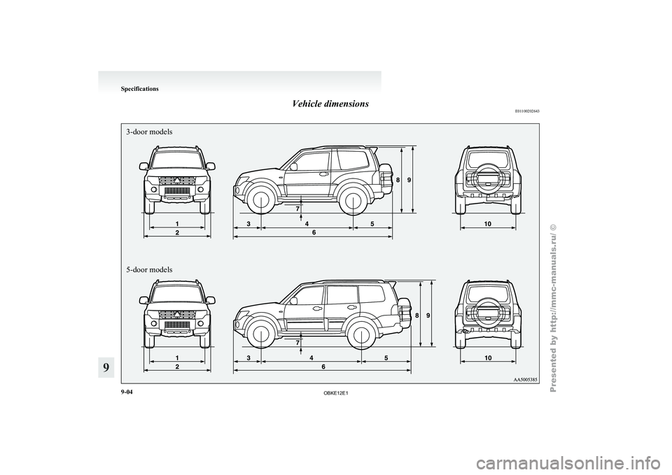MITSUBISHI PAJERO IV 2011  Owners Manual Vehicle dimensions
E011002026433-door models
5-door modelsSpecifications
9-04
9

OBKE12E1   