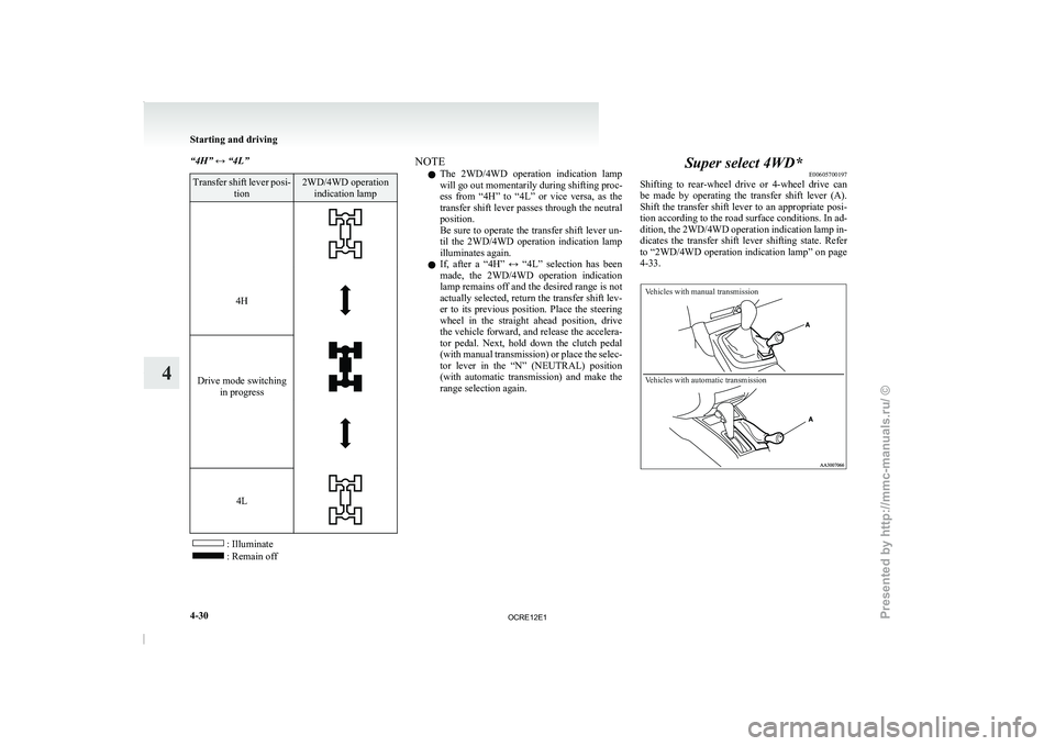 MITSUBISHI TRITON 2011  Owners Manual “4H” ↔ “4L”
Transfer shift lever posi-
tion 2WD/4WD operation
indication lamp
  4H
Drive mode switching
in progress  
4L
: Illuminate
: Remain off NOTE
l The 
2WD/4WD  operation  indication 
