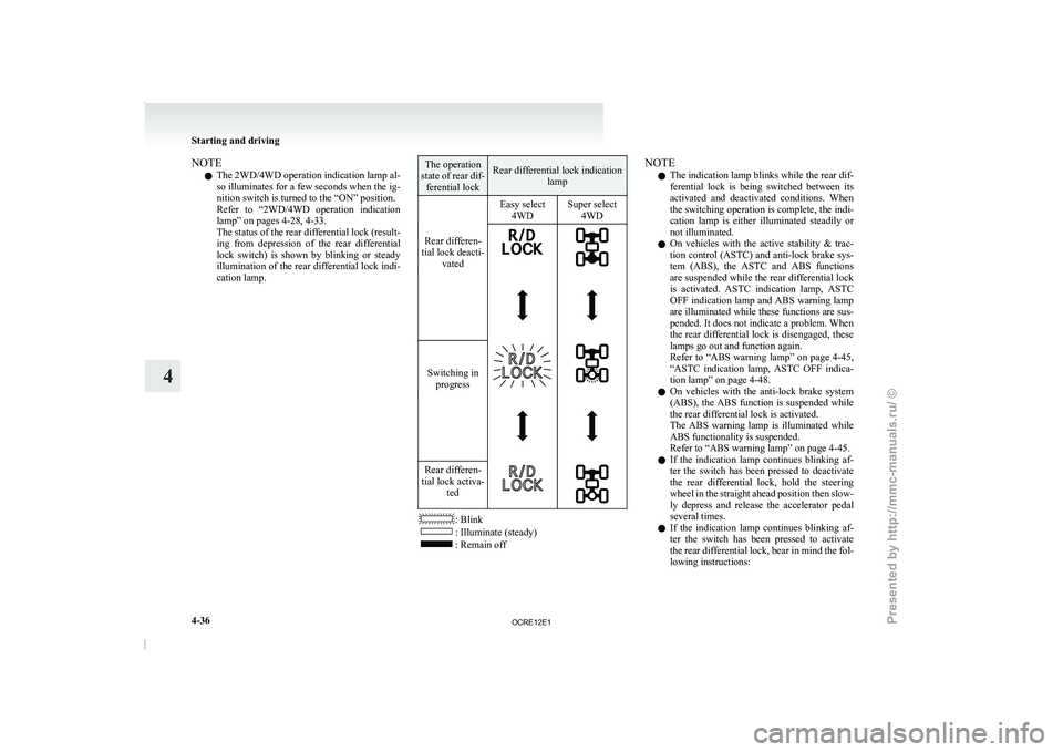 MITSUBISHI TRITON 2011  Owners Manual NOTE
l The 
2WD/4WD operation indication  lamp 
al-
so illuminates for a few seconds when the ig-
nition switch is turned to the “ON” position.
Refer  to  “2WD/4WD  operation  indication
lamp”