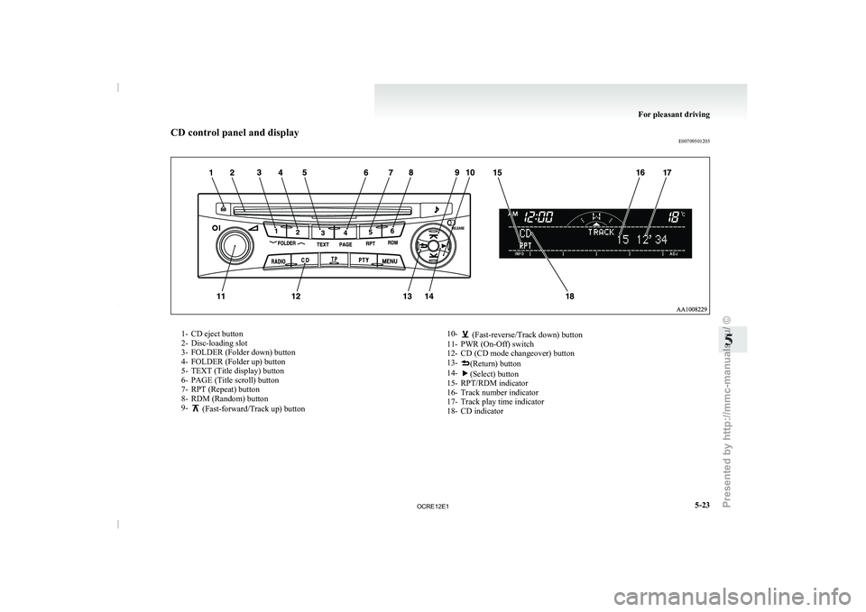 MITSUBISHI TRITON 2011  Owners Manual CD control panel and display
E007095012051- CD eject button
2- Disc-loading slot
3- FOLDER (Folder down) button 4- FOLDER (Folder up) button
5- TEXT (Title display) button 6-
PAGE (Title scroll) butto