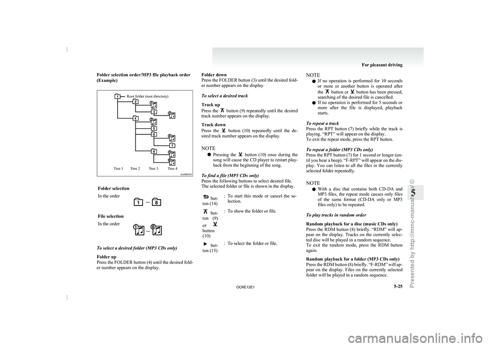 MITSUBISHI TRITON 2011  Owners Manual Folder selection order/MP3 file playback order
(Example)Root folder (root directory)
Tree 4
Tree 3
Tree 2
Tree 1 Folder selection
In the order
File selection
In the order
To select a desired folder (M