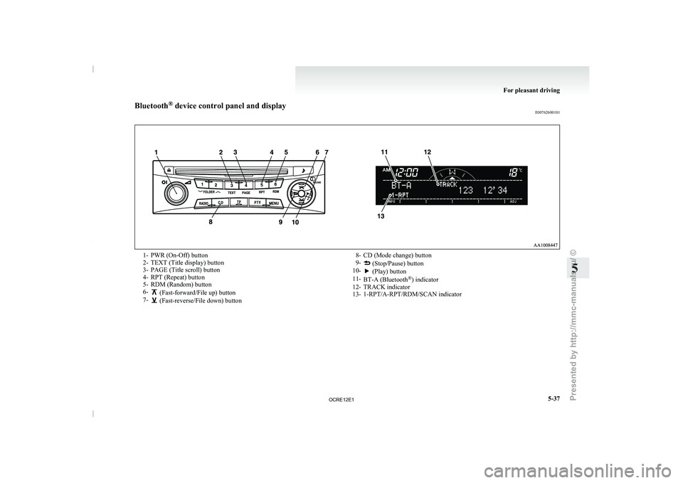 MITSUBISHI TRITON 2011  Owners Manual Bluetooth
®
 device control panel and display
E007626001811- PWR (On-Off) button
2- TEXT (Title display) button
3- PAGE (Title scroll) button
4- RPT (Repeat) button
5-
RDM (Random) button
6-  (Fast-f