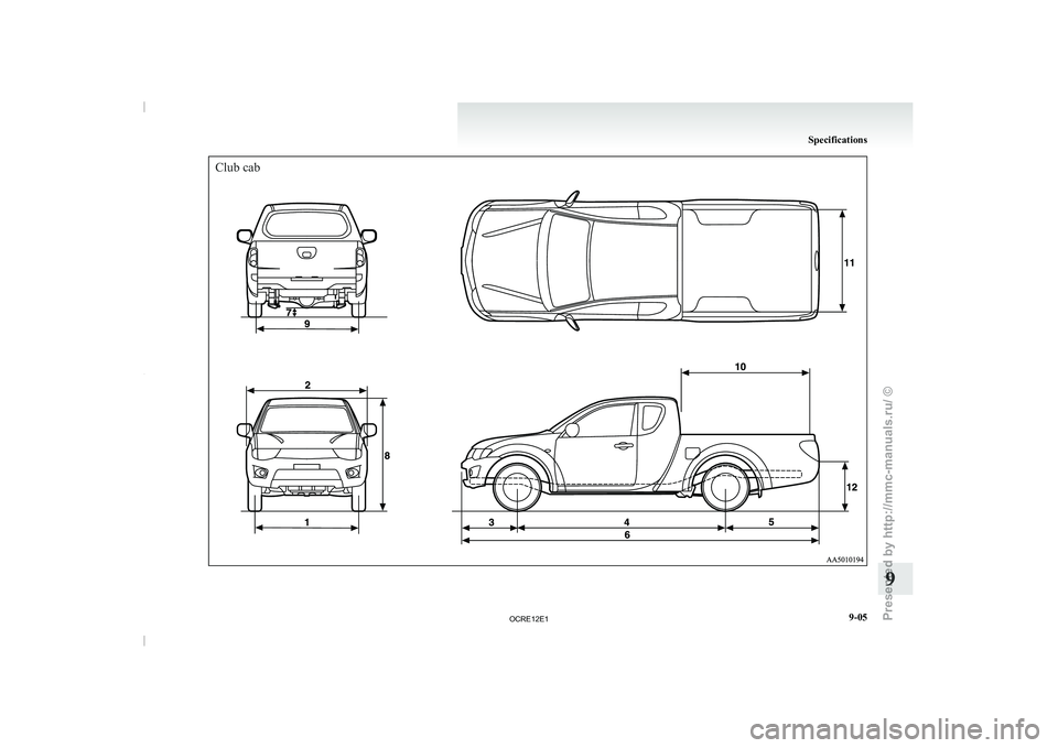 MITSUBISHI TRITON 2011  Owners Manual Club cabSpecifications
9-05 9

OCRE12E1 
Presented  by http://mmc-manuals.ru/  \251  