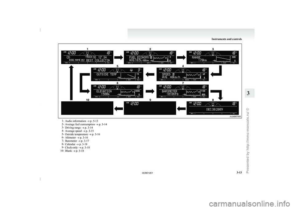MITSUBISHI TRITON 2011  Owners Manual 1-
Audio information  ® p. 5-13
2- Average fuel consumption  ® p. 3-14
3- Driving range ®
 p. 3-14
4- Average speed ® p. 3-15
5- Outside temperature ® p. 3-16
6- Altimeter  ® p. 3-16
7- Baromete