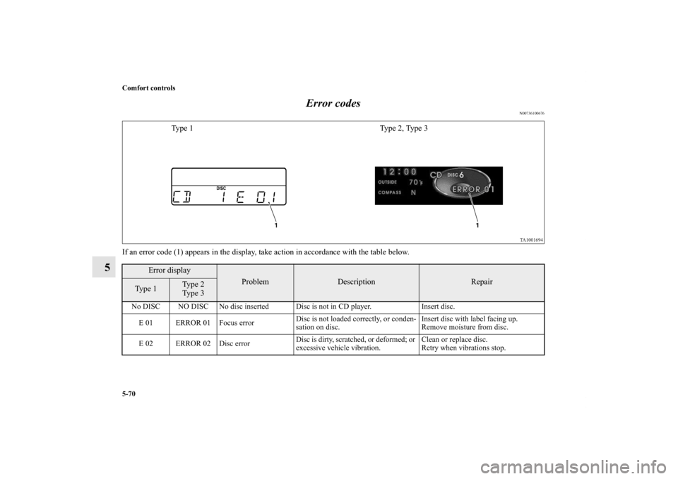 MITSUBISHI ENDEAVOR 2010 1.G Owners Manual 5-70 Comfort controls
5Error codes
N00736100676
If an error code (1) appears in the display, take action in accordance with the table below.
Error display
Problem
Description
Repair
Type 1
Type 2
Type