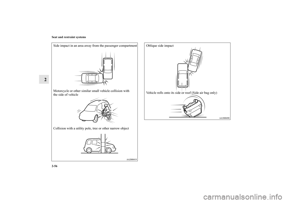 MITSUBISHI ENDEAVOR 2010 1.G Owners Manual 2-56 Seat and restraint systems
2
Side impact in an area away from the passenger compartment
Motorcycle or other similar small vehicle collision with 
the side of vehicle
Collision with a utility pole