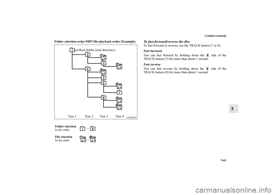 MITSUBISHI ENDEAVOR 2011 1.G Owners Manual Comfort controls
5-63
5
Folder selection order/MP3 file playback order (Example)
  
To fast forward/reverse the discTo fast forward or reverse, use the TRACK button (7 or 8).
Fast forward
You can fast