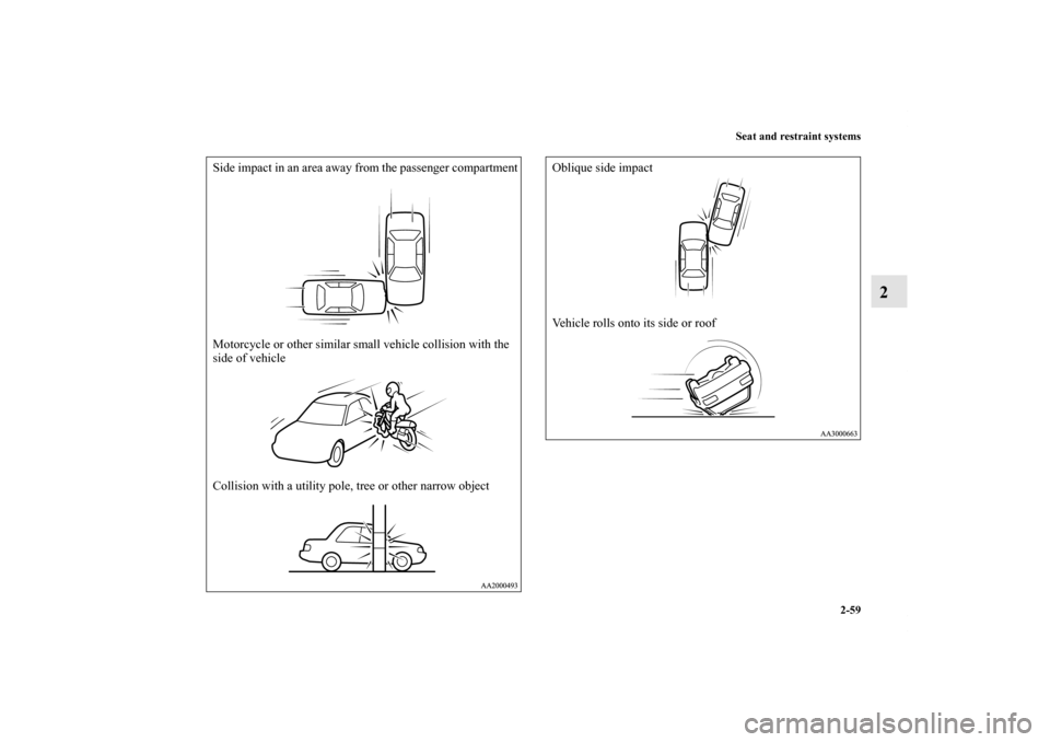 MITSUBISHI GALANT 2011 9.G Owners Manual Seat and restraint systems
2-59
2
Side impact in an area away from the passenger compartment
Motorcycle or other similar small vehicle collision with the 
side of vehicle
Collision with a utility pole