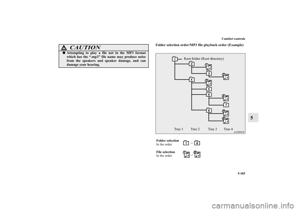 MITSUBISHI LANCER 2011 8.G Owners Manual Comfort controls
5-105
5
Folder selection order/MP3 file playback order (Example)
CAUTION
!Attempting to play a file not in the MP3 format
which has the “.mp3” file name may produce noise
from th