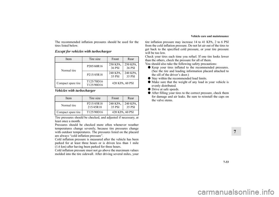 MITSUBISHI LANCER 2012 8.G Owners Manual Vehicle care and maintenance
7-33
7
The recommended inflation pressures should be used for the
tires listed below.Except for vehicles with turbocharger
Vehicles with turbochargerTire pressures should MITSUBISHI LANCER 2012 8.G Owners Manual Vehicle care and maintenance
7-33
7
The recommended inflation pressures should be used for the
tires listed below.Except for vehicles with turbocharger
Vehicles with turbochargerTire pressures should