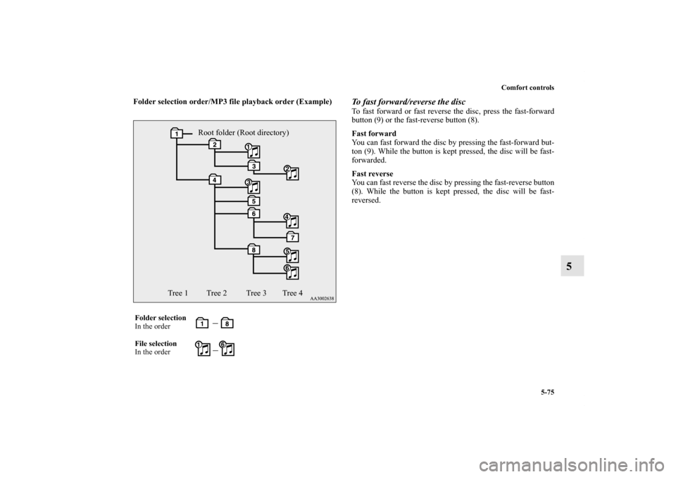 MITSUBISHI LANCER 2013 8.G Owners Manual Comfort controls
5-75
5
Folder selection order/MP3 file playback order (Example)
To fast forward/reverse the discTo fast forward or fast reverse the disc, press the fast-forward
button (9) or the fast