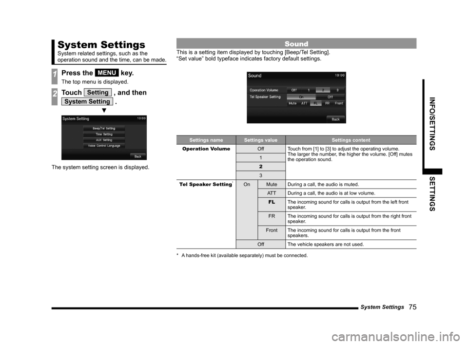 MITSUBISHI LANCER 2014 8.G Display Audio Manual System Settings   75
INFO/SETTINGSSETTINGS
System Settings
System related settings, such as the 
operation sound and the time, can be made.
1Press the MENU key.
The top menu is displayed.
2Touch Setti