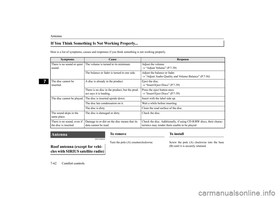 MITSUBISHI LANCER 2015 8.G Owners Manual Antenna 7-62 Comfort controls
7
Here is a list of symptoms, causes and responses
if you think something is not working properly.
N00734200426
Turn the pole (A) counterclockwise. Screw
the pole (A) MITSUBISHI LANCER 2015 8.G Owners Manual Antenna 7-62 Comfort controls
7
Here is a list of symptoms, causes and responses
if you think something is not working properly.
N00734200426
Turn the pole (A) counterclockwise. Screw
the pole (A)