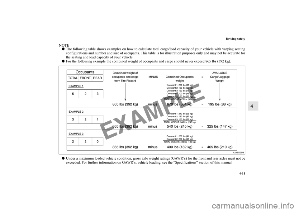 MITSUBISHI LANCER EVOLUTION 2010 10.G Owners Manual Driving safety
4-11
4
NOTE
The following table shows examples on how to calculate total cargo/load capacity of your vehicle with varying seating
configurations and number and size of occupants. This 