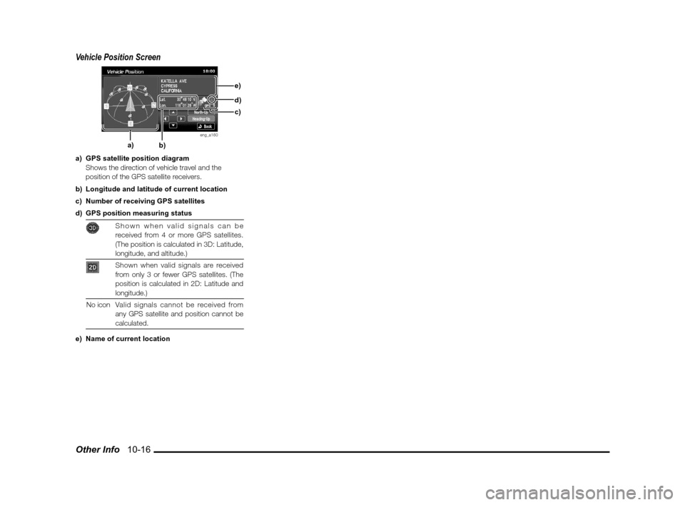 MITSUBISHI LANCER EVOLUTION 2011 10.G MMCS Manual Other Info   10-16
Vehicle Position Screen
eng_a160
a)  GPS satellite position diagram
  Shows the direction of vehicle travel and the 
position of the GPS satellite receivers.
b)  Longitude and latit