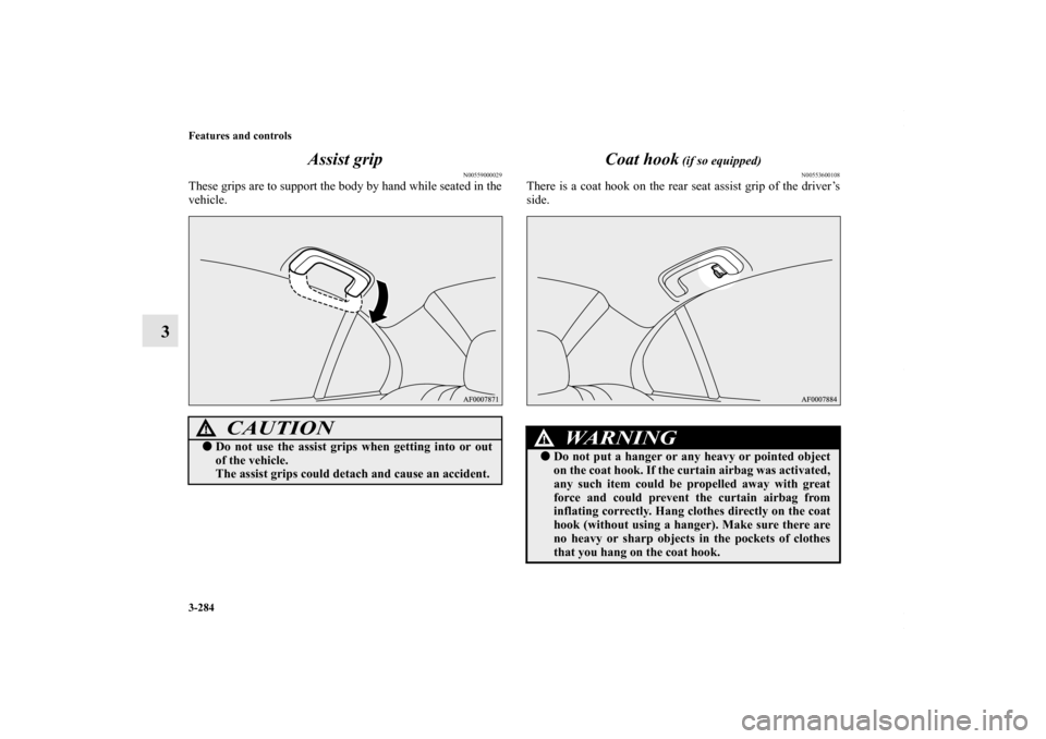 MITSUBISHI LANCER RALLIART 2010 8.G Owners Manual 3-284 Features and controls
3Assist grip
N00559000029
These grips are to support the body by hand while seated in the
vehicle.
Coat hook
 (if so equipped)
N00553600108
There is a coat hook on the rear