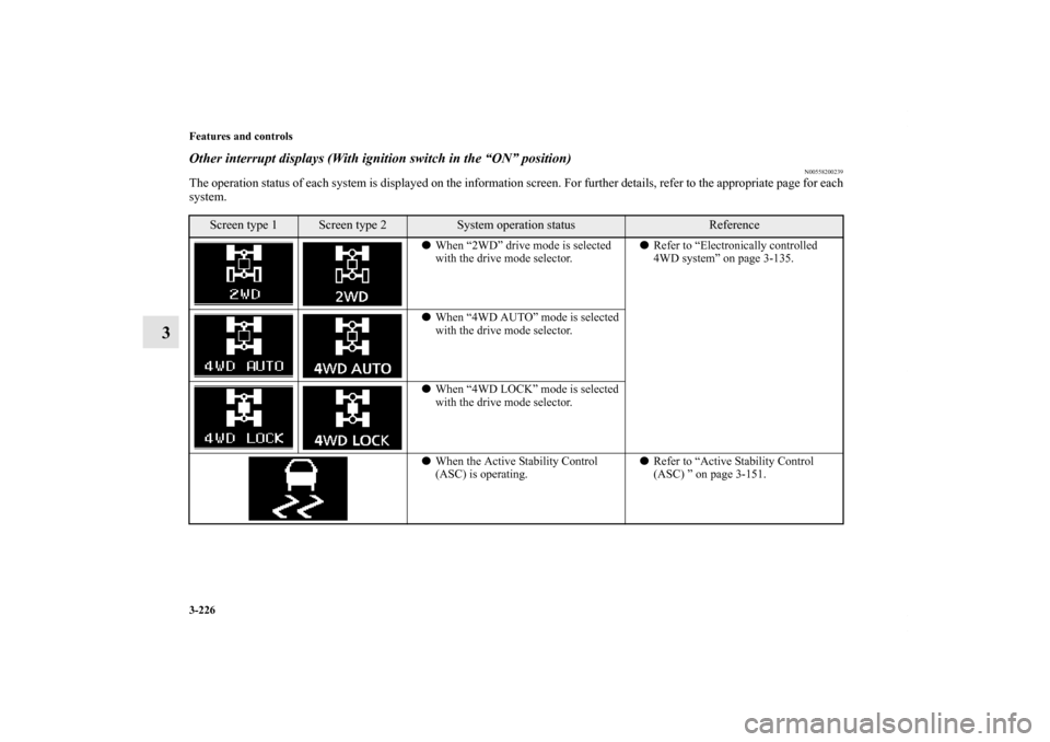 MITSUBISHI LANCER SE AWC 2012 8.G Owners Manual 3-226 Features and controls
3
Other interrupt displays (With ignition switch in the “ON” position)
N00558200239
The operation status of each system is displayed on the information screen. For furt