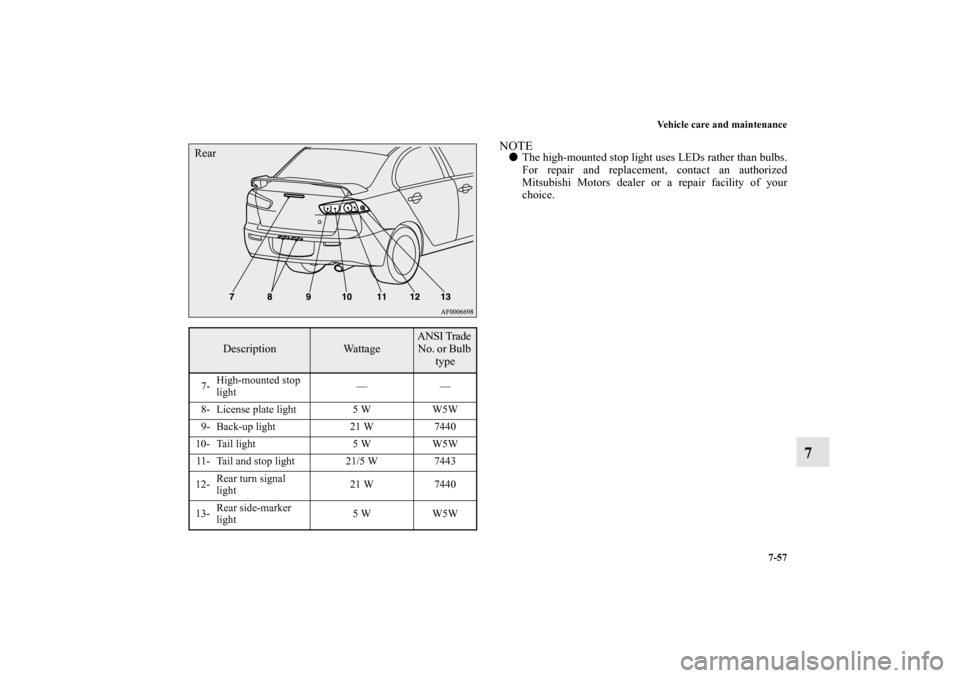 MITSUBISHI LANCER SE AWC 2012 8.G Owners Manual Vehicle care and maintenance
7-57
7
NOTEThe high-mounted stop light uses LEDs rather than bulbs.
For repair and replacement, contact an authorized
Mitsubishi Motors dealer or a repair facility of you