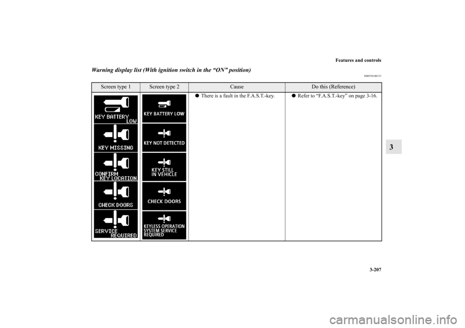 MITSUBISHI LANCER SPORTBACK 2010 8.G Owners Manual Features and controls
3-207
3
Warning display list (With ignition switch in the “ON” position)
N00558100153
Screen type 1
Screen type 2
Cause
Do this (Reference)
There is a fault in the F.A.S.T.-