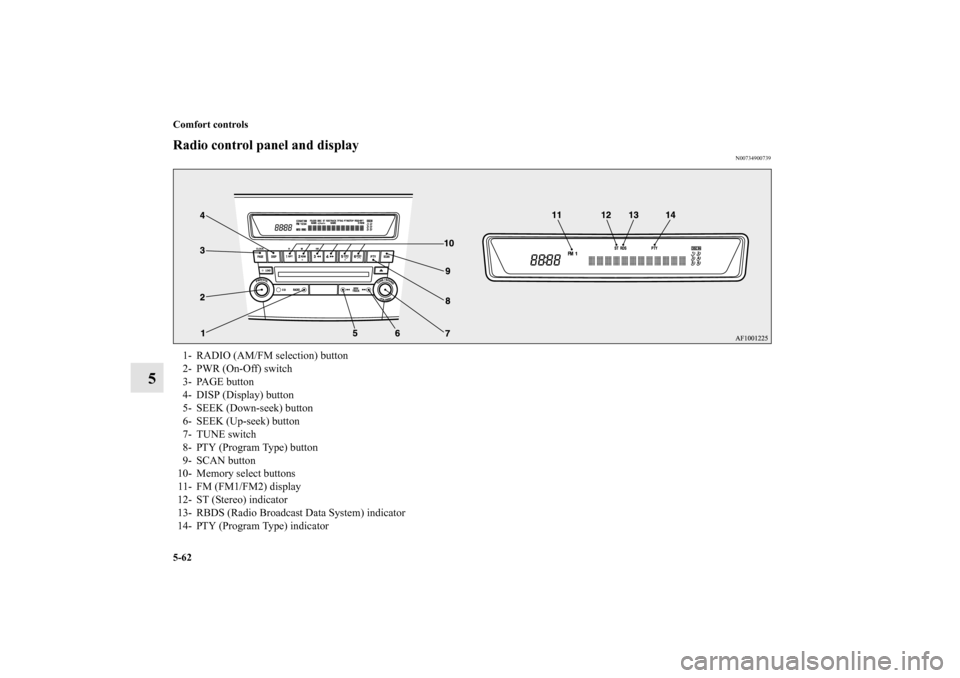 MITSUBISHI LANCER SPORTBACK 2010 8.G Owners Manual 5-62 Comfort controls
5
Radio control panel and display
N00734900739
1- RADIO (AM/FM selection) button
2- PWR (On-Off) switch
3- PAGE button
4- DISP (Display) button
5- SEEK (Down-seek) button
6- SEEK