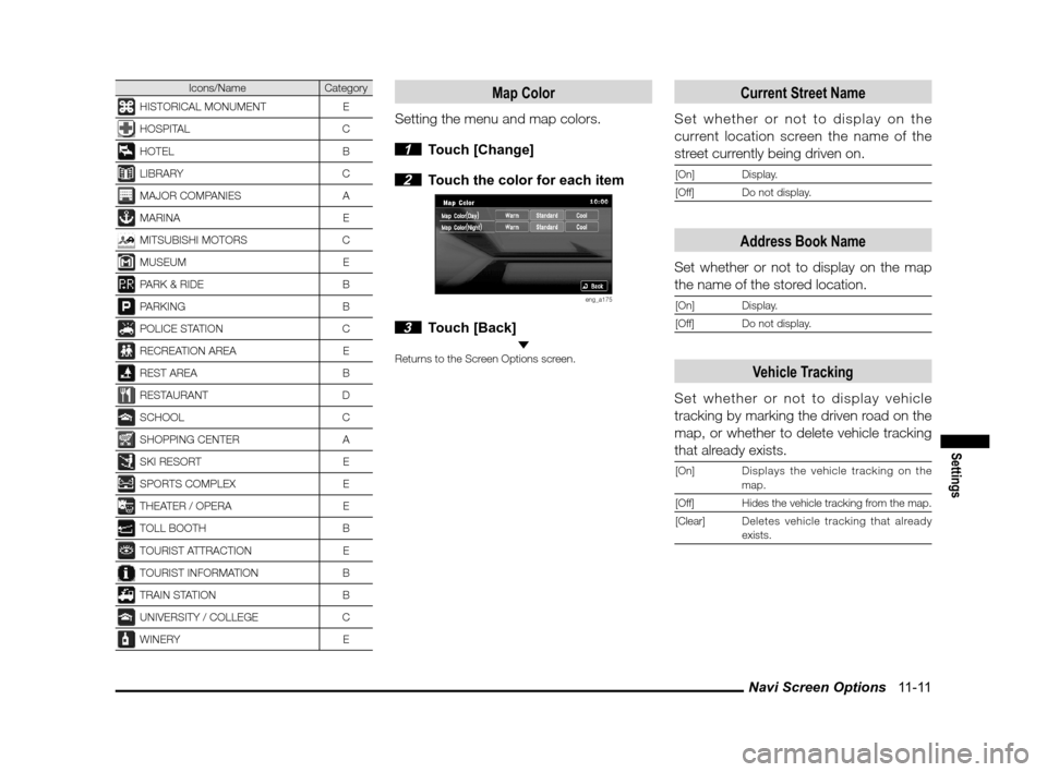MITSUBISHI LANCER SPORTBACK 2012 8.G Owners Manual Navi Screen Options 11-11
Settings
Icons/NameCategory
HISTORICAL MONUMENT E
HOSPITALC
HOTEL B
LIBRARYC
MAJOR COMPANIES A
MARINA E
MITSUBISHI MOTORSC
MUSEUM E
PARK & RIDEB
PARKING B
POLICE STATIONC
R MITSUBISHI LANCER SPORTBACK 2012 8.G Owners Manual Navi Screen Options 11-11
Settings
Icons/NameCategory
HISTORICAL MONUMENT E
HOSPITALC
HOTEL B
LIBRARYC
MAJOR COMPANIES A
MARINA E
MITSUBISHI MOTORSC
MUSEUM E
PARK & RIDEB
PARKING B
POLICE STATIONC
R