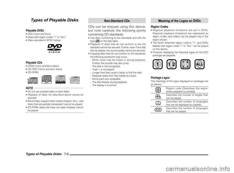 MITSUBISHI LANCER SPORTBACK 2012 8.G Owners Manual Types of Playable Disks 7-6
Types of Playable Disks
Playable DVDs
Playable CDs
NOTE
assured.
disks that are partially transparent cannot be played.
be played.
Non-Standard CDs
CDs can be e MITSUBISHI LANCER SPORTBACK 2012 8.G Owners Manual Types of Playable Disks 7-6
Types of Playable Disks
Playable DVDs
Playable CDs
NOTE
assured.
disks that are partially transparent cannot be played.
be played.
Non-Standard CDs
CDs can be e