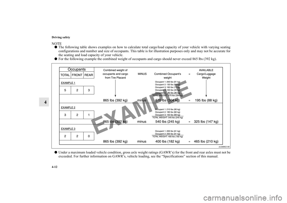 MITSUBISHI LANCER SPORTBACK 2013 8.G Owners Manual 4-12 Driving safety
4
NOTEThe following table shows examples on how to calculate total cargo/load capacity of your vehicle with varying seating
configurations and number and size of occupants. This t