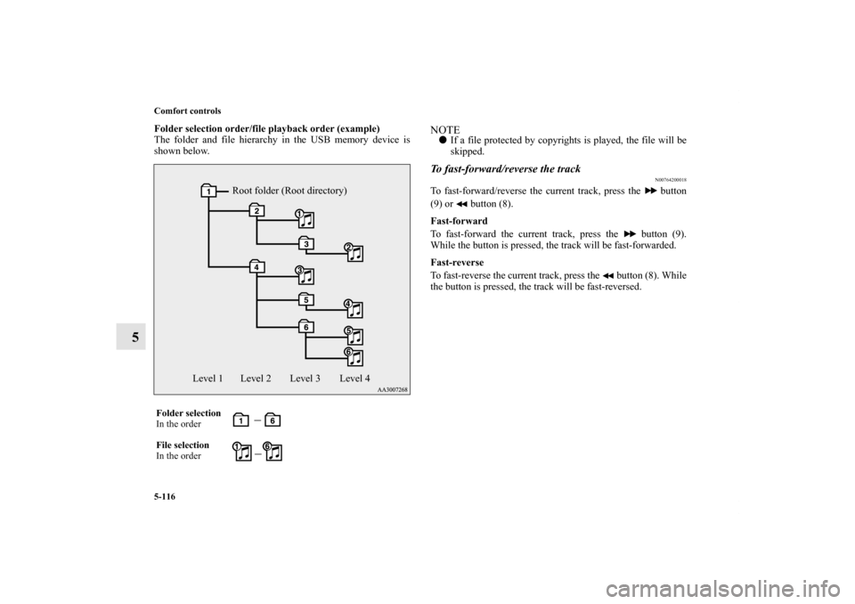 MITSUBISHI LANCER SPORTBACK 2013 8.G Owners Manual 5-116 Comfort controls
5
Folder selection order/file playback order (example)
The folder and file hierarchy in the USB memory device is
shown below.
NOTEIf a file protected by copyrights is played, t