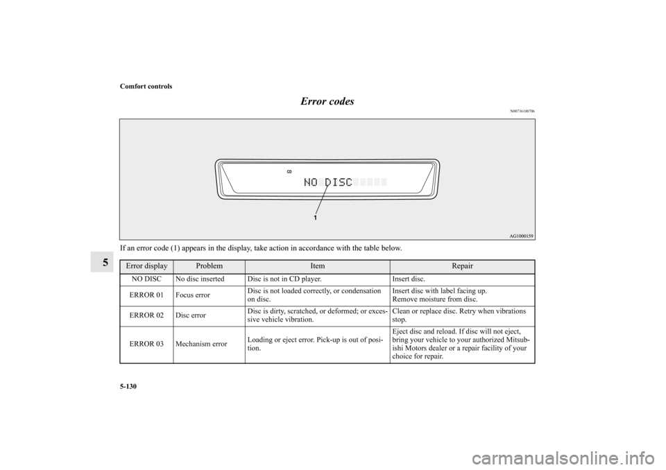 MITSUBISHI LANCER SPORTBACK 2013 8.G Owners Manual 5-130 Comfort controls
5Error codes
N00736100706
If an error code (1) appears in the display, take action in accordance with the table below.Error display
Problem
Item
Repair
NO DISC No disc inserted 