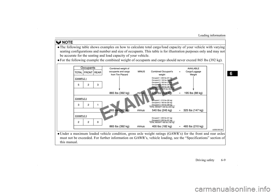 MITSUBISHI LANCER SPORTBACK 2014 8.G Owners Manual Loading information Driving safety 6-9
6
NOTE
The following table shows examples on how to calculate to 
tal cargo/load capacity of your vehicle with varying 
seating configurations and number and 