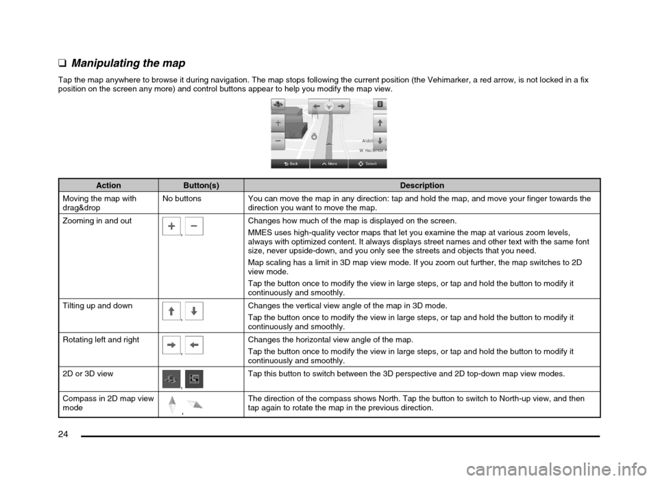 MITSUBISHI MIRAGE 2014 6.G MMCS Manual 24
  qManipulating the map
Tap the map anywhere to browse it during navigation. The map stops following the current position (the Vehimarker, a red arrow, is not locked in a fix 
position on the scree
