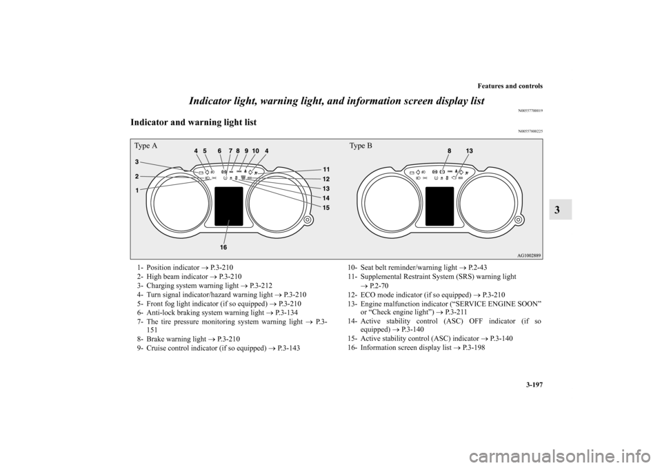 MITSUBISHI OUTLANDER 2012 3.G Owners Manual Features and controls
3-197
3 Indicator light, warning light, and information screen display list
N00557700019
Indicator and warning light list
N00557800225
Type A Type B1- Position indicator → P.3- MITSUBISHI OUTLANDER 2012 3.G Owners Manual Features and controls
3-197
3 Indicator light, warning light, and information screen display list
N00557700019
Indicator and warning light list
N00557800225
Type A Type B1- Position indicator → P.3-