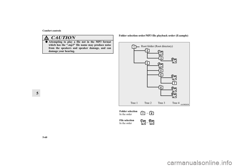 MITSUBISHI OUTLANDER 2012 3.G Owners Manual 5-60 Comfort controls
5
Folder selection order/MP3 file playback order (Example)
CAUTION
!Attempting to play a file not in the MP3 format
which has the “.mp3” file name may produce noise
from the