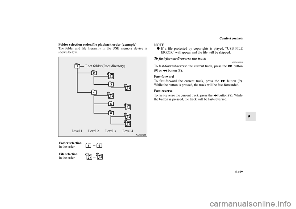 MITSUBISHI OUTLANDER 2012 3.G Owners Manual Comfort controls
5-109
5
Folder selection order/file playback order (example)
The folder and file hierarchy in the USB memory device is
shown below.
NOTEIf a file protected by copyrights is played, 