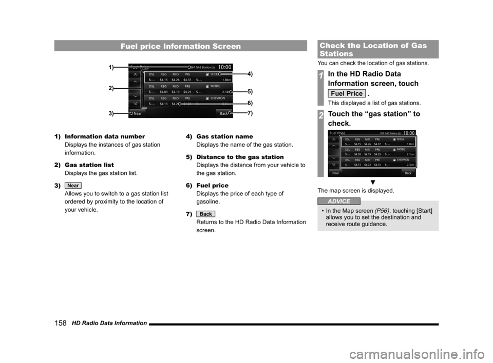 MITSUBISHI OUTLANDER 2014 3.G MMCS Manual 158   HD Radio Data Information
Fuel price Information Screen
2)
3)7)
6)
4)
5)1)
1)  Information data number  
Displays the instances of gas station 
information.
2)  Gas station list  
Displays the g