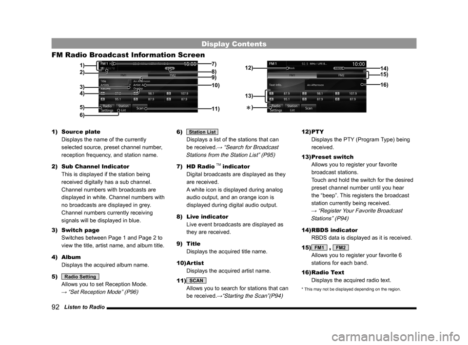 MITSUBISHI OUTLANDER 2014 3.G MMCS Manual 92 Listen to Radio
Display Contents
FM Radio Broadcast Information Screen
5)
3)
4) 1)
11) 9) 8)
10)
7)
6)
2)15)
13)
16)
14)12)
Î )
1)
Source plate
Displays the name of the currently
selected s MITSUBISHI OUTLANDER 2014 3.G MMCS Manual 92 Listen to Radio
Display Contents
FM Radio Broadcast Information Screen
5)
3)
4) 1)
11) 9) 8)
10)
7)
6)
2)15)
13)
16)
14)12)
Î )
1)
Source plate
Displays the name of the currently
selected s